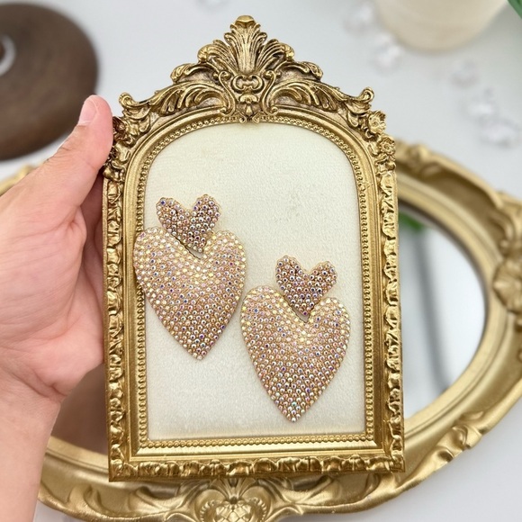 Glam Rhinestone Heart Drop Earrings | Statement Gold-Tone Dangle - Picture 10 of 10